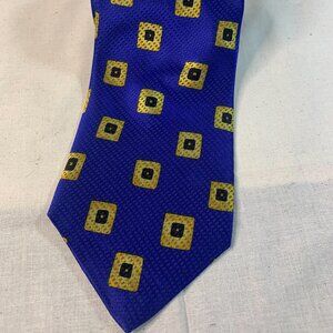 Men's 100% Silk Necktie. Blue Geometric Gold and Black Squares
